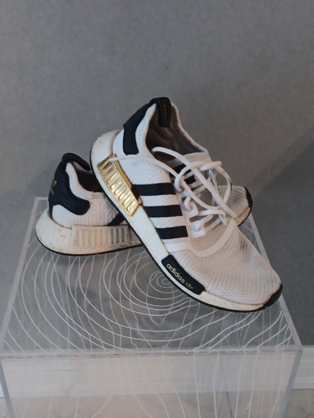 Adidas White Black Sneakers with Gold Accents